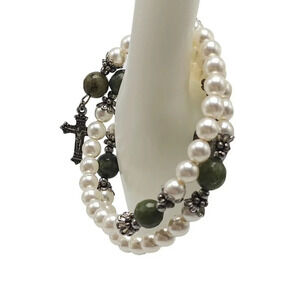 Faux Pearl Beaded Green Stone Cross Crucifix Wrap Bangle Bracelet Vintage